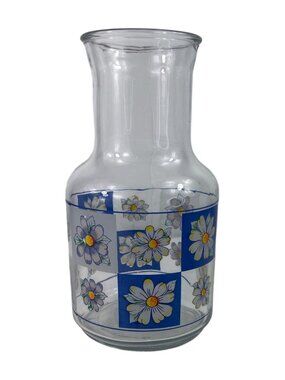 Vintage Kig Indonesia Glass Carafe Decanter With Blue & White Daisy Design